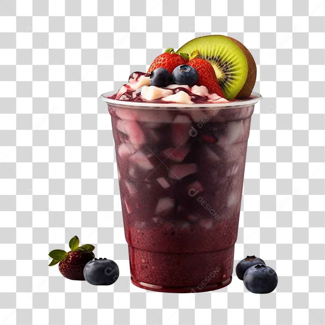 Açaí na Tigela com Mirtilo Morango e Kiwi Fundo PNG Transparente