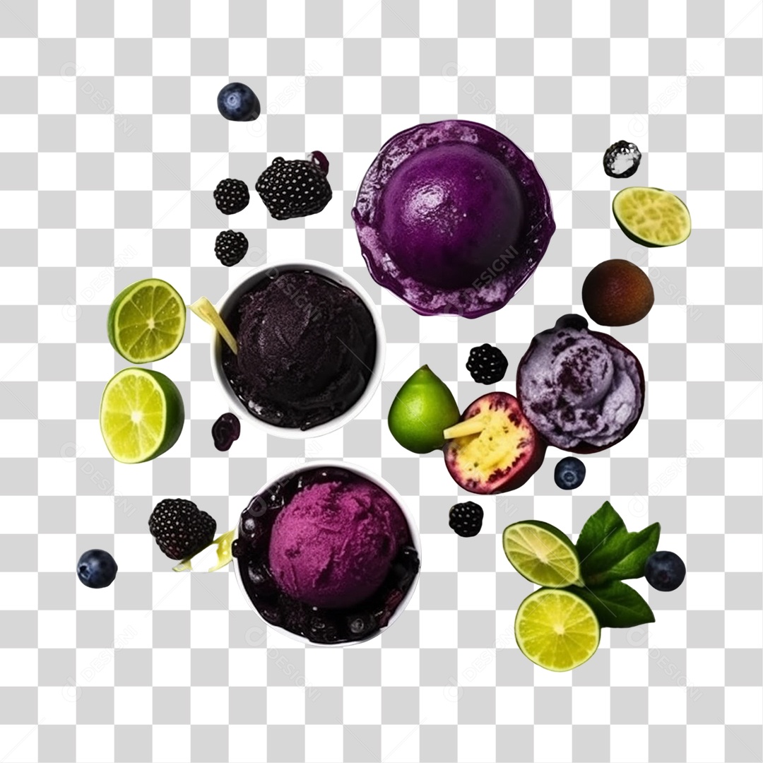 Açaí na Tigela com Mirtilo e Amora Limão Fundo PNG Transparente