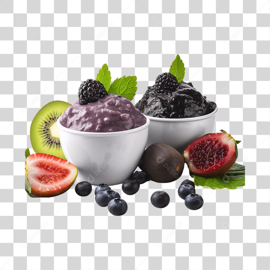 Açaí na Tigela com Morango e Mirtilo Kiwi Figo Fundo PNG Transparente