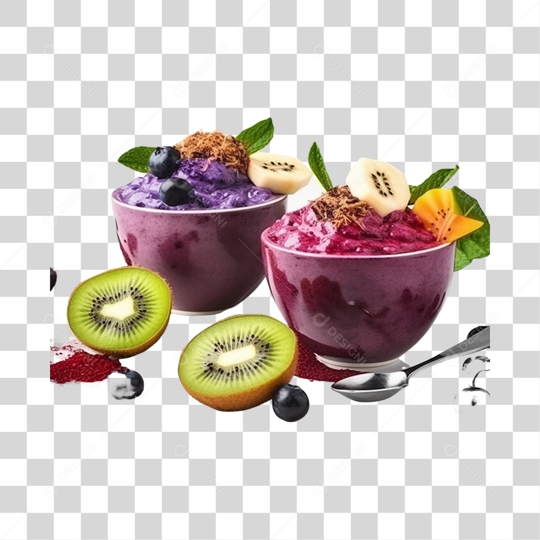Açaí na Tigela com Kiwi e Mirtilo Fundo PNG Transparente