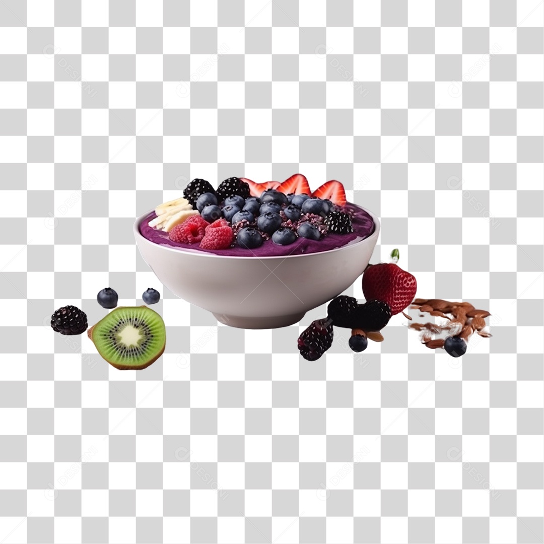 Açaí na Tigela com Morango e Mirtilo Fundo PNG Transparente