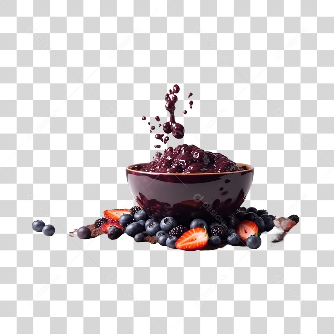 Açaí na Tigela com Morango e Mirtilo Fundo PNG Transparente