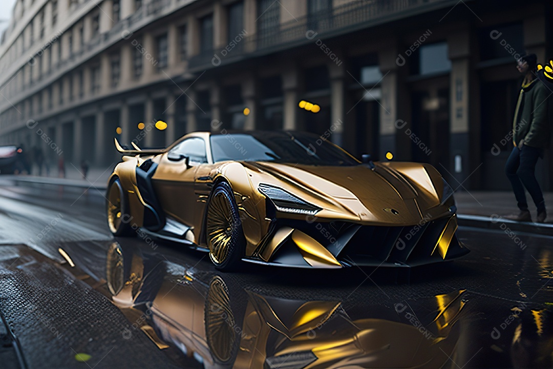 Cena de ação lindo carro dourado insano