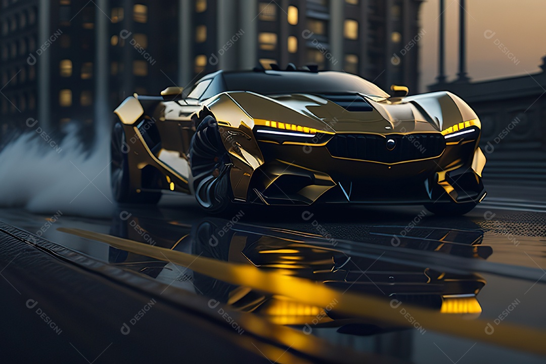 Cena de ação lindo carro dourado insano