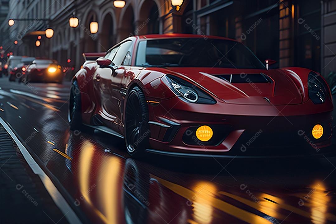 Cena de ação lindo carro listrado vermelho