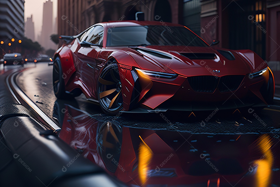 Cena de ação lindo carro listrado vermelho