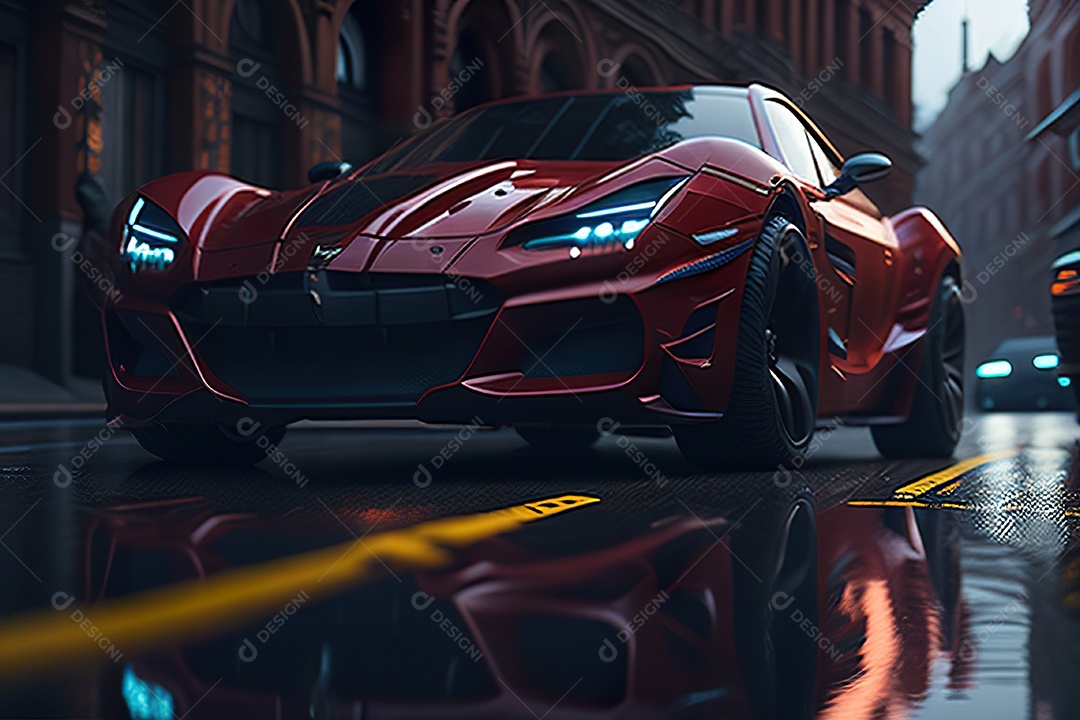 Cena de ação lindo carro listrado vermelho