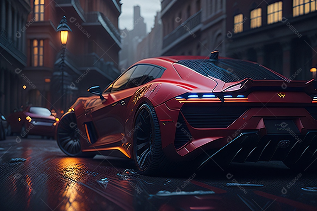 Cena de ação lindo carro listrado vermelho