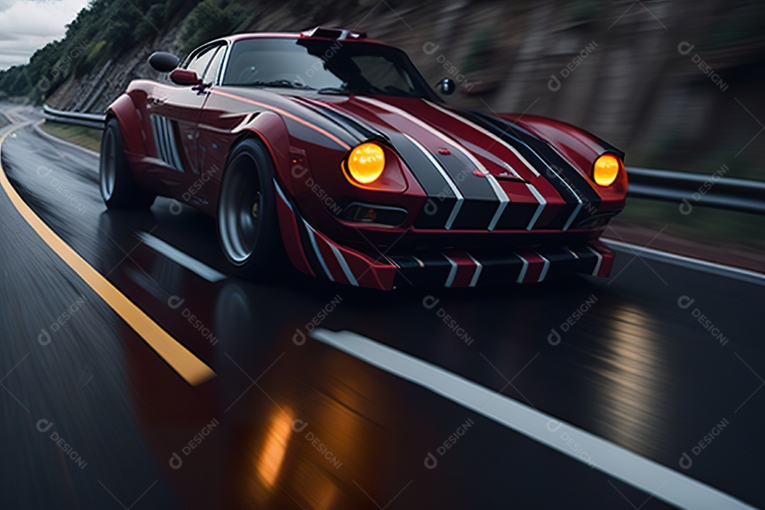 Cena de ação lindo carro listrado vermelho