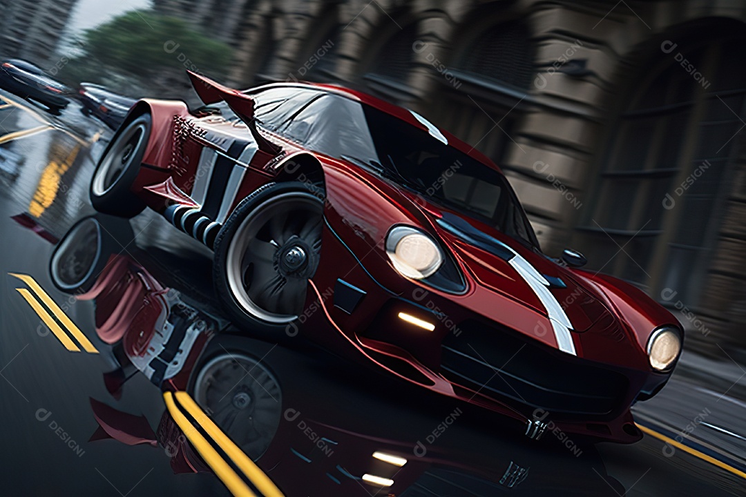 Cena de ação lindo carro listrado vermelho