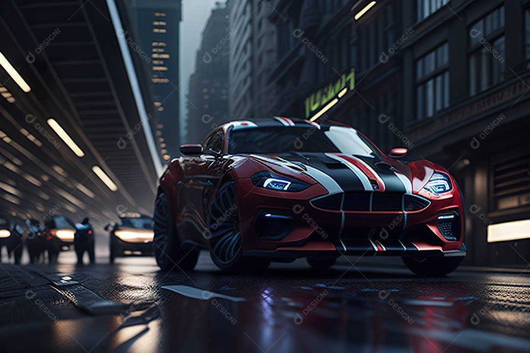 Cena de ação lindo carro listrado vermelho