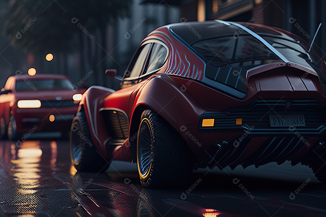 Cena de ação lindo carro listrado vermelho