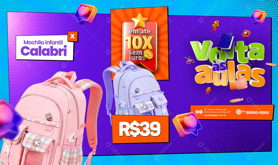 Campanha Publicitária Volta às Aulas Banner Mochila Infantil Calabri Social Media PSD Editável
