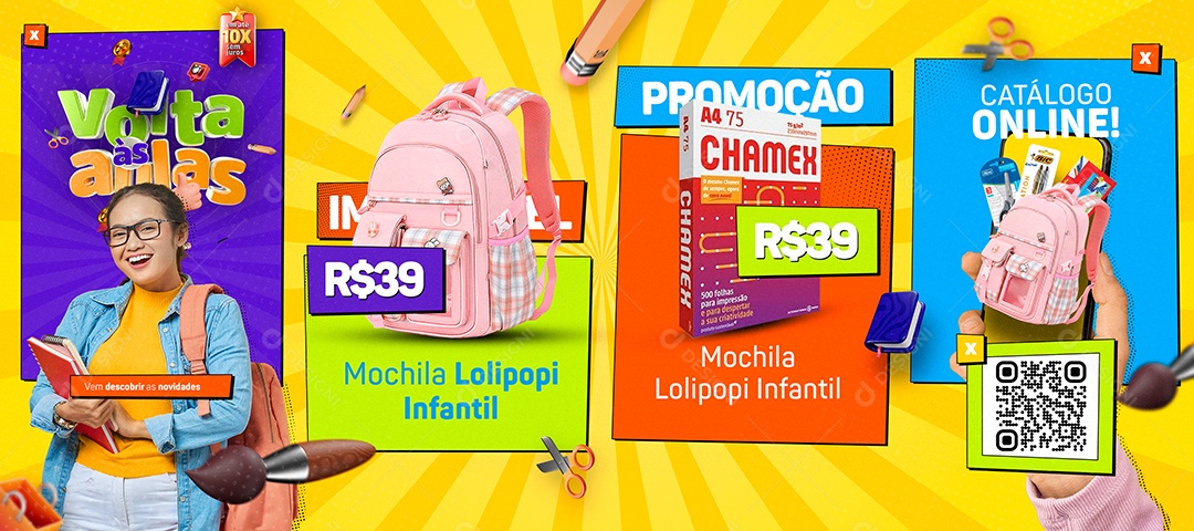 Campanha Publicitária Volta às Aulas Carrossel Mochila Lolipopi Catálogo Online Social Media PSD Editável