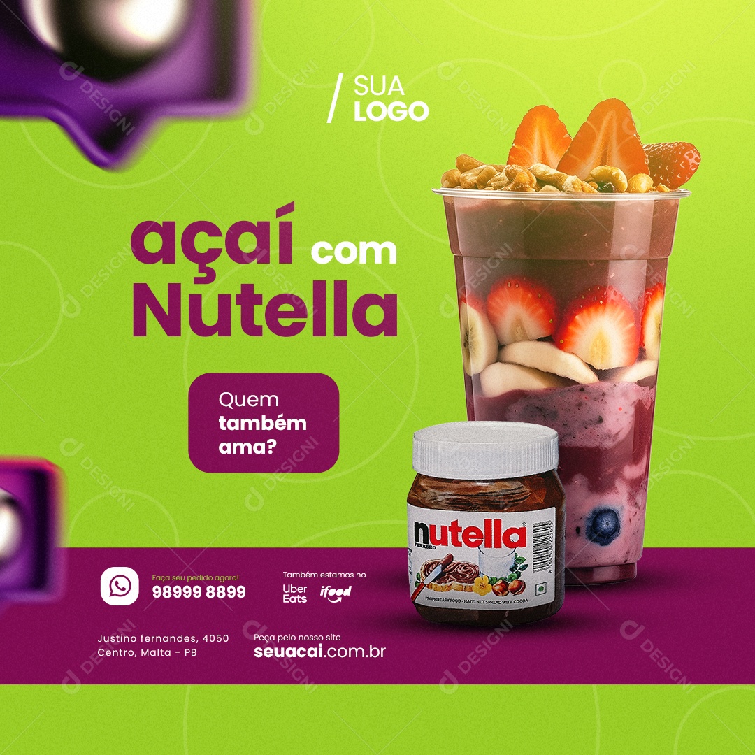 Açaiteria Açaí Com Nutella Copo De Açaí Com Pedaços De Morango Social Media PSD Editável