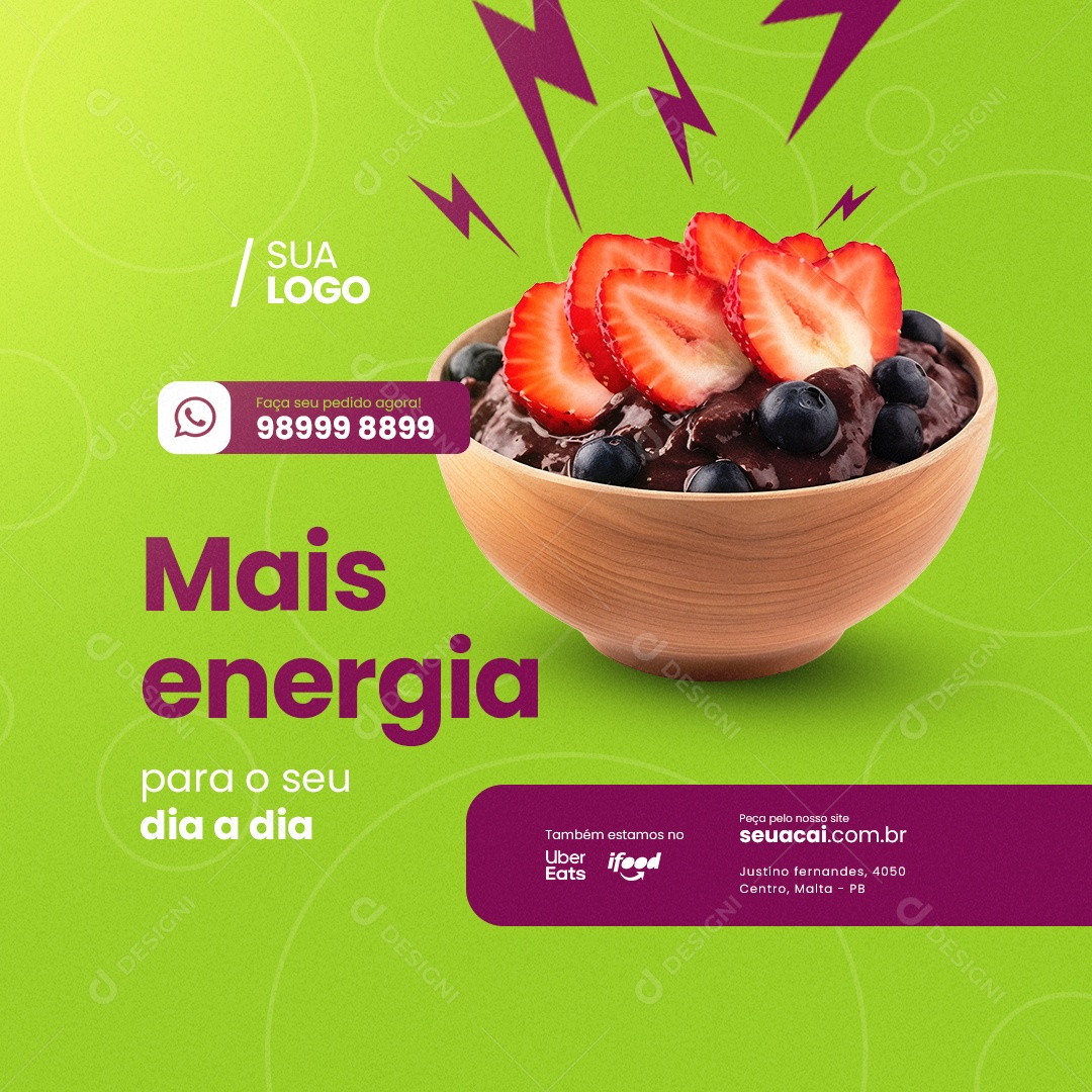 Açaiteria Mais Energia Tigela De Açaí com Morango Social Media PSD Editável