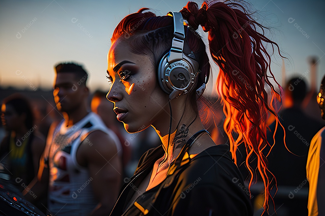 Imagem realista de mulher jovem Dj sobre uma festa