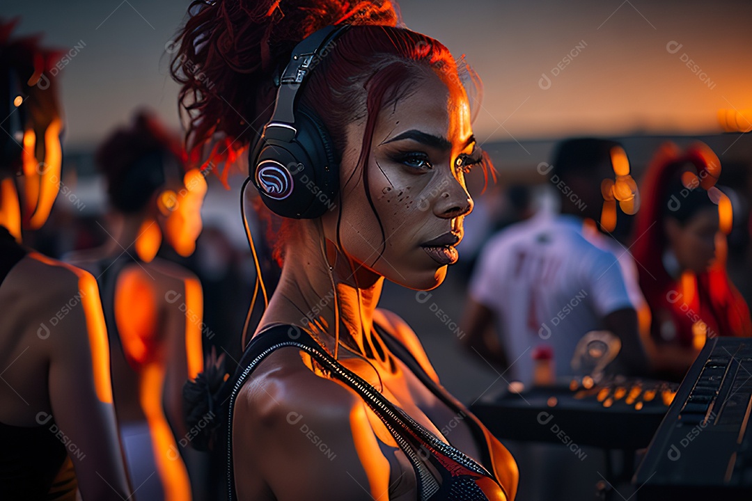 Imagem realista de mulher jovem Dj sobre uma festa