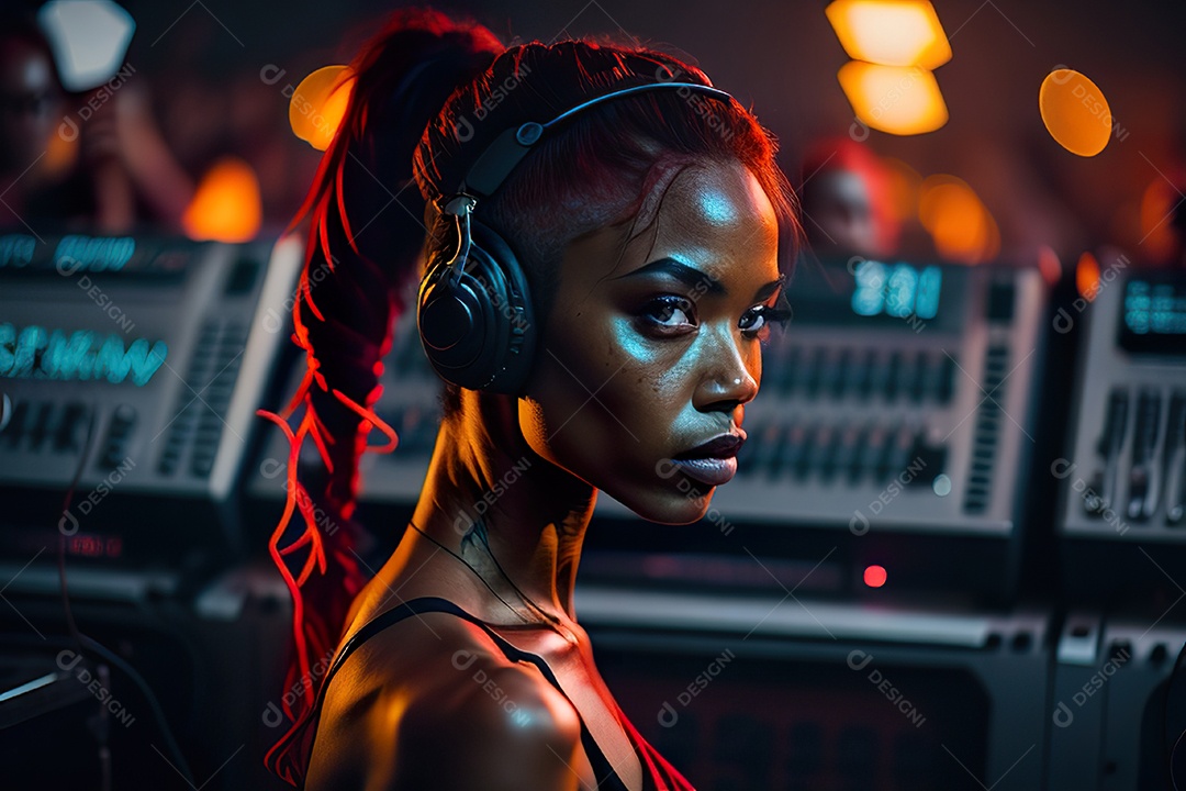 Imagem realista de mulher jovem Dj sobre uma festa