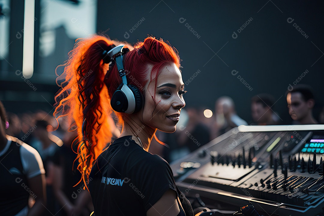 Imagem realista de mulher jovem Dj sobre uma festa