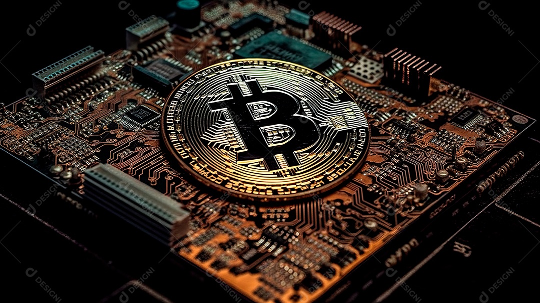 Placa com circuito tecnológico de bitcoin.