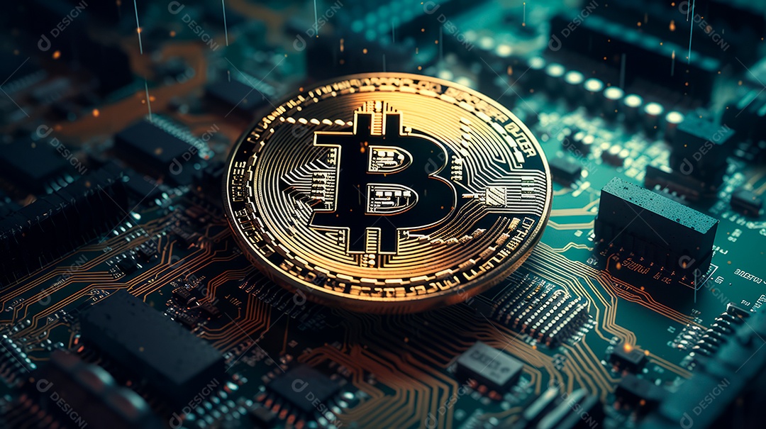 Placa mãe circuitos eletrônico com um bitcoin.