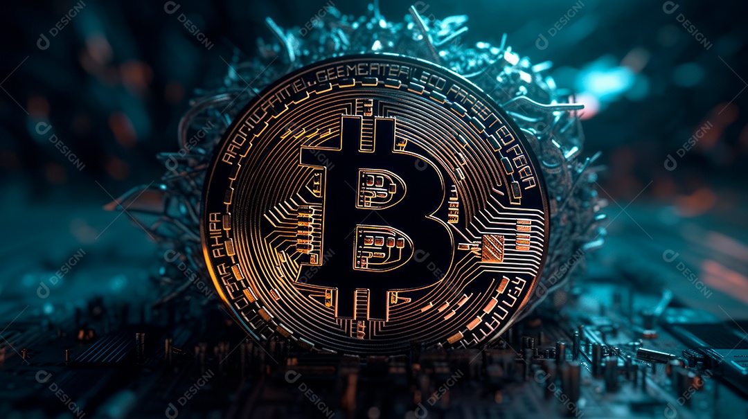 Bitcoin sobre fundo de tecnologia.
