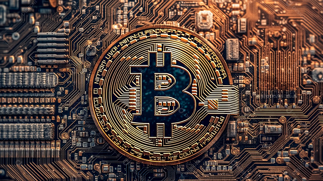 Placa tecnológica de bitcoin.