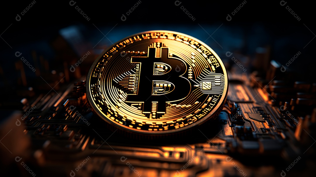 Bitcoin sobre fundo de tecnologia.