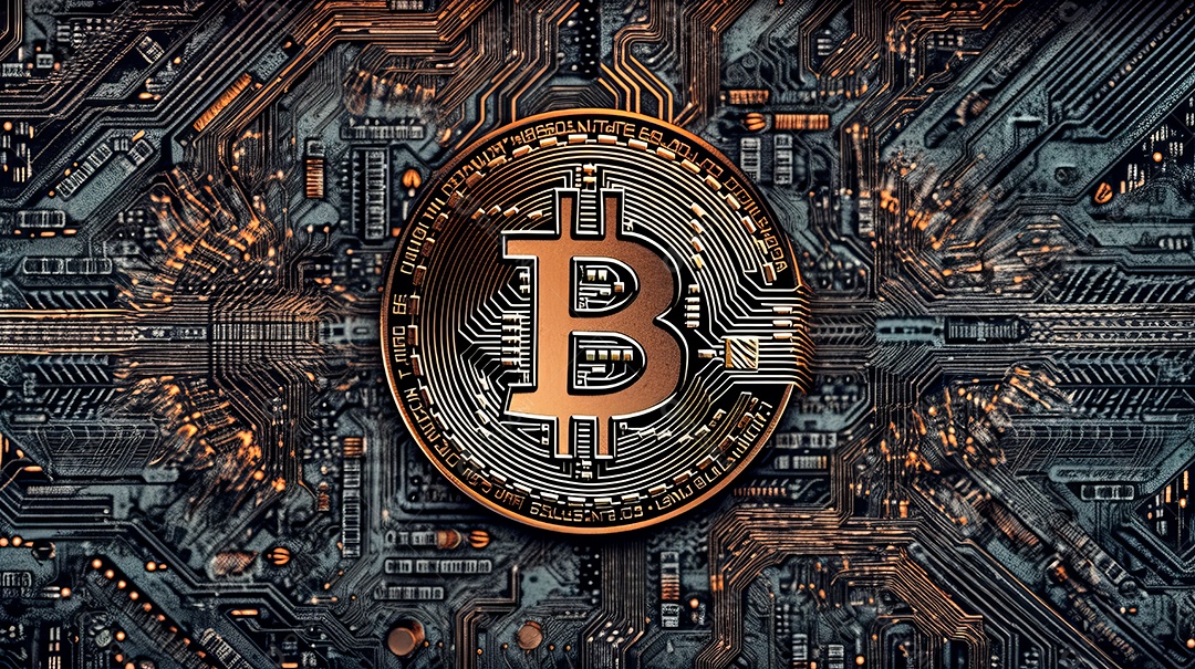 Placa de circuito de microchip com bitcoin.