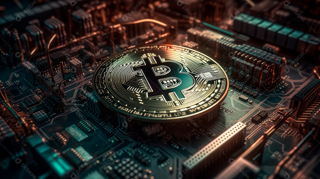 Bitcoin sobre fundo de tecnologia.