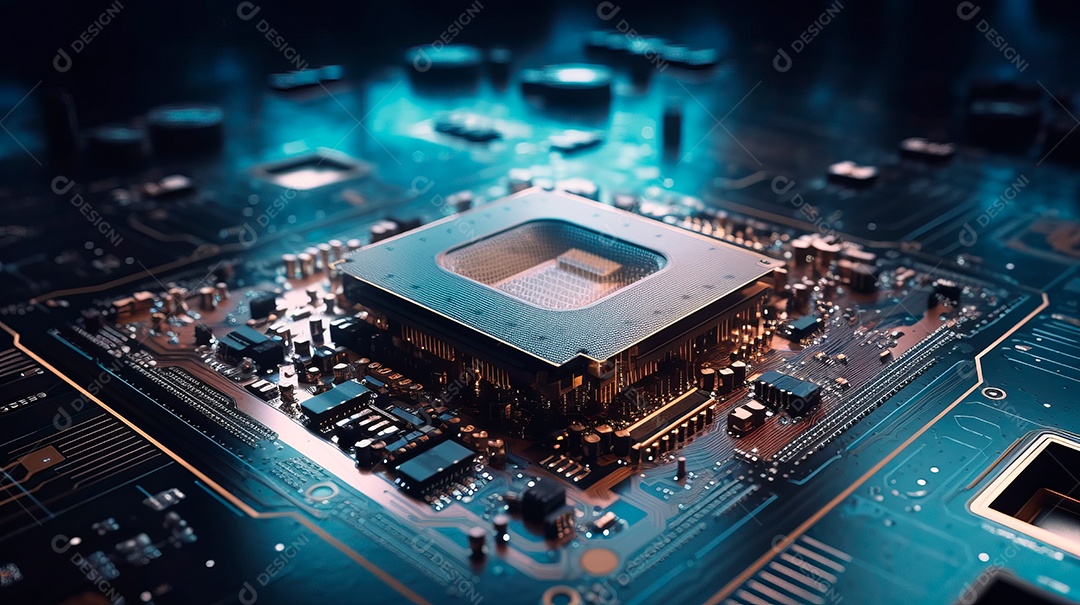 Renderização de uma placa de circuito de microchip neon.