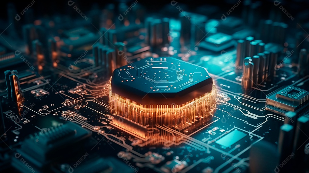 Renderização de uma placa de circuito de microchip.