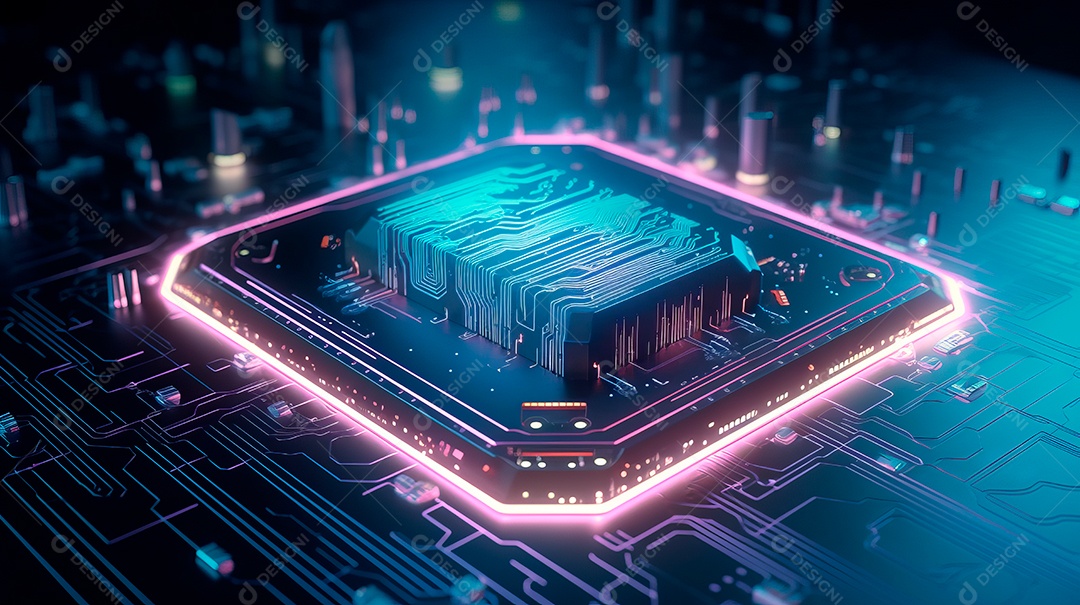 Microchip de placa tecnológica neon.