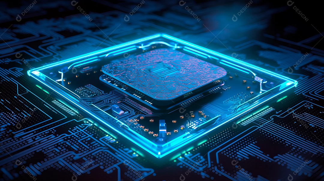 Placa de circuito de microchip iluminado neon.