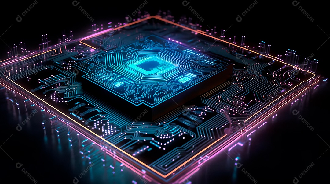Microchip de placa tecnológica neon.