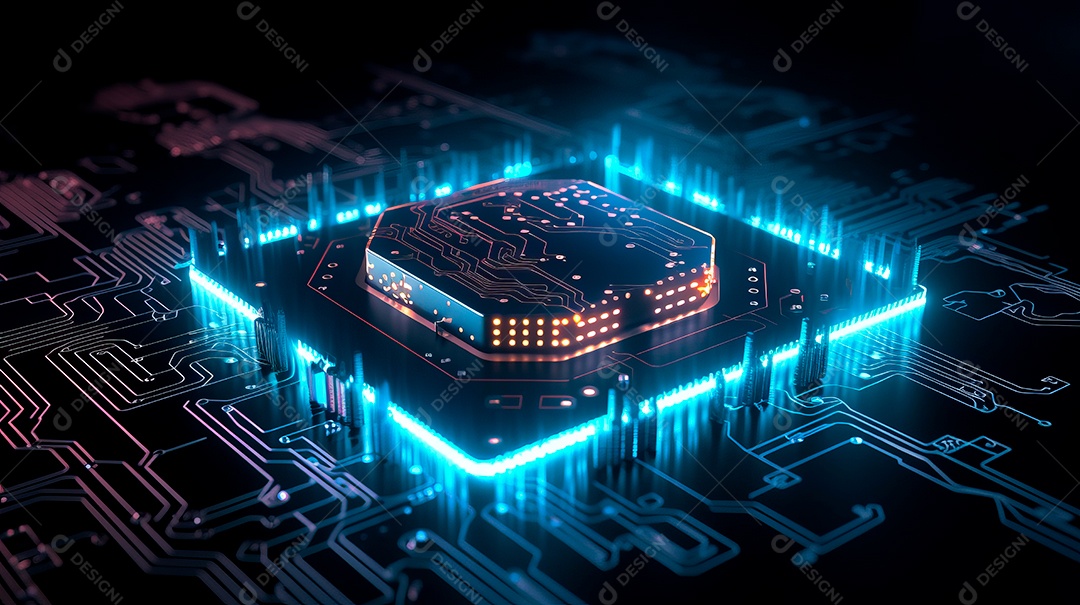 Microchip de placa tecnológica neon.