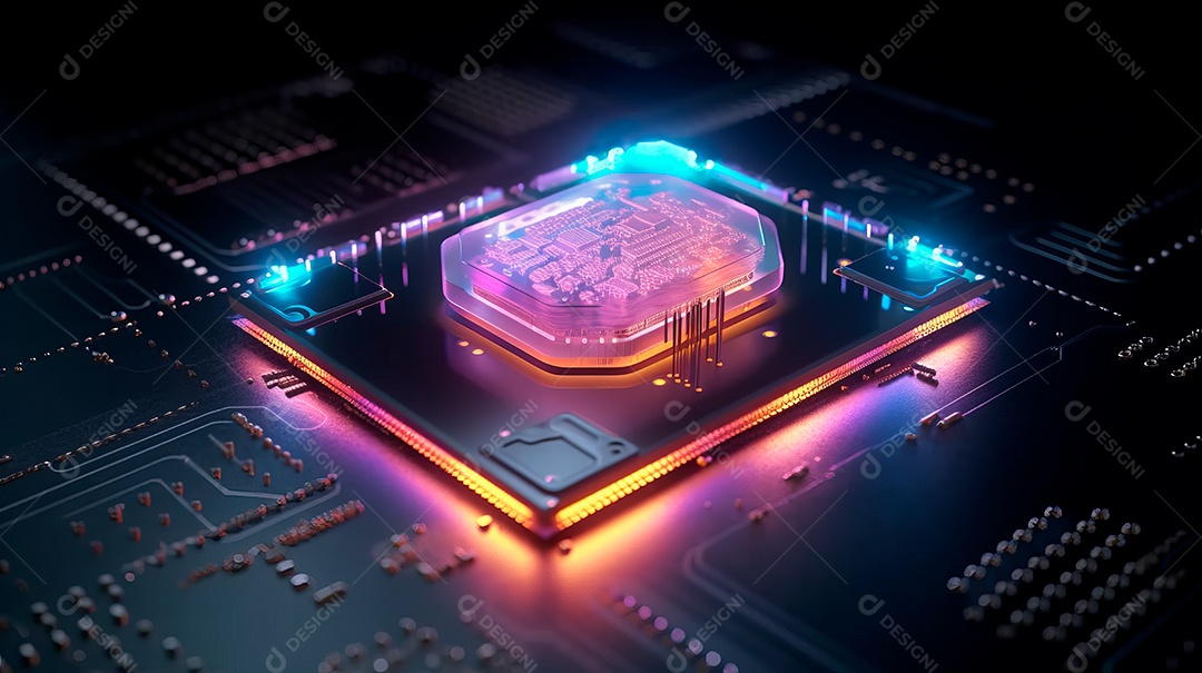 Microchip de placa tecnológica neon.