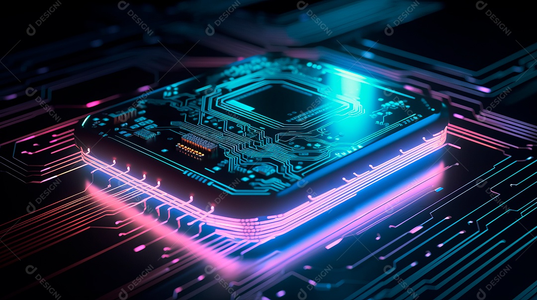 Placa de circuito de microchip neon.