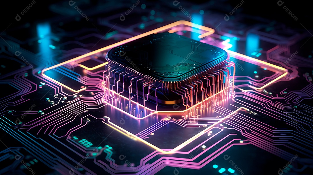 Uma placa de circuito de microchip neon.