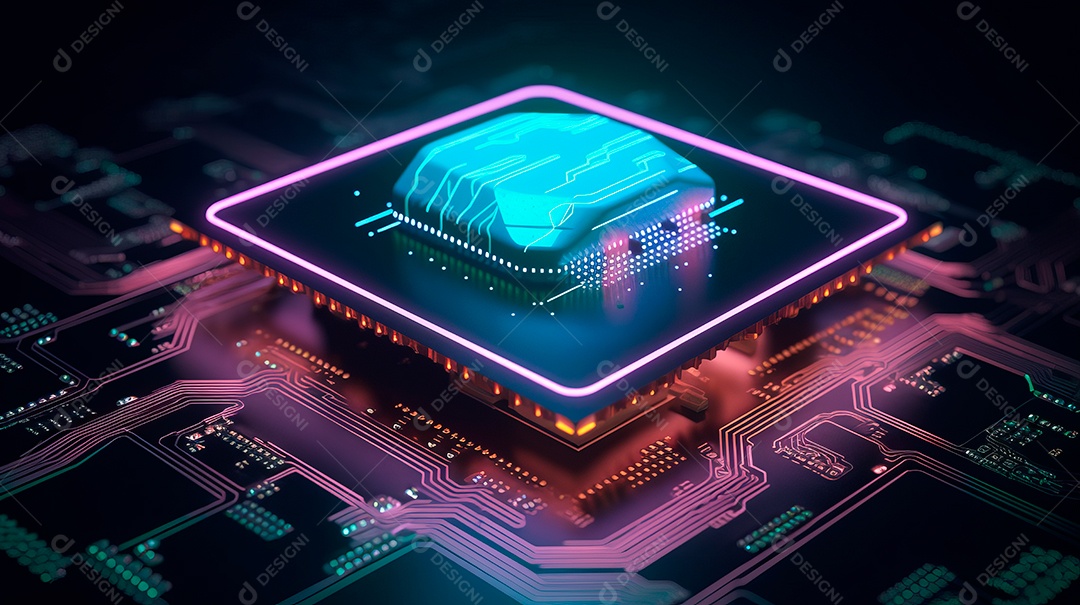 Uma placa de circuito de microchip neon.