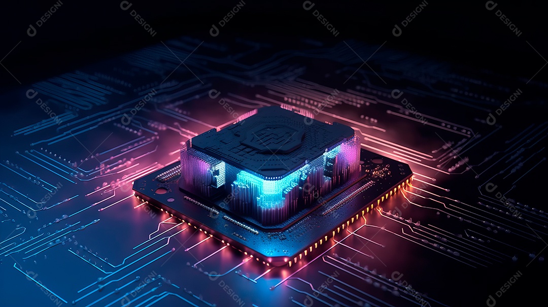 Renderização de uma placa de circuito de microchip neon.