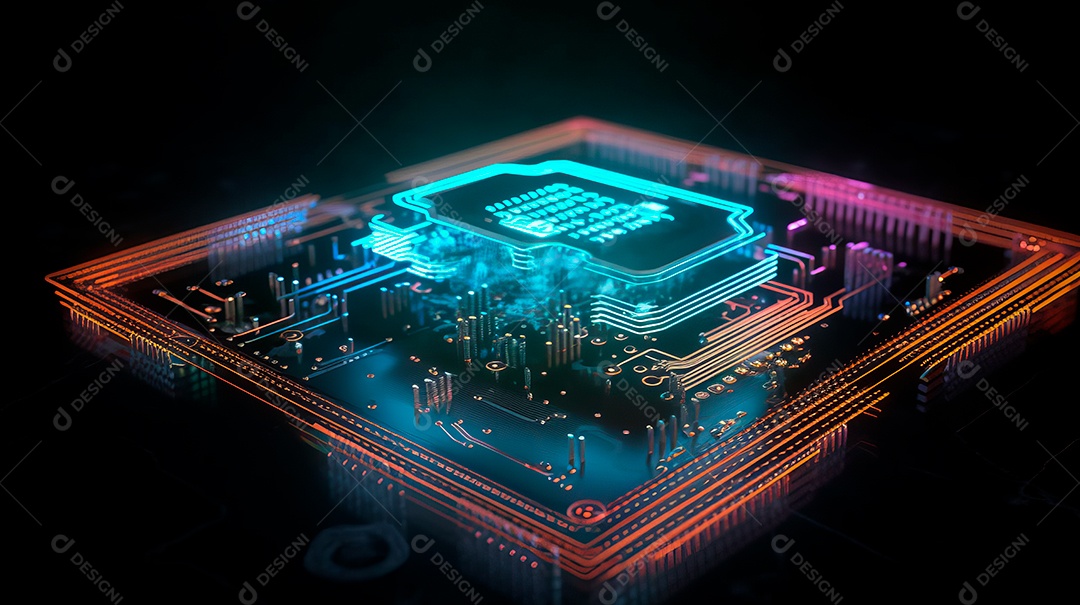 Renderização de uma placa de circuito de microchip neon.