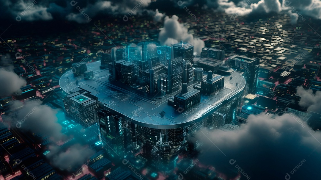 Cidade com arranha céus levitantes futuristas alta tecnologia.