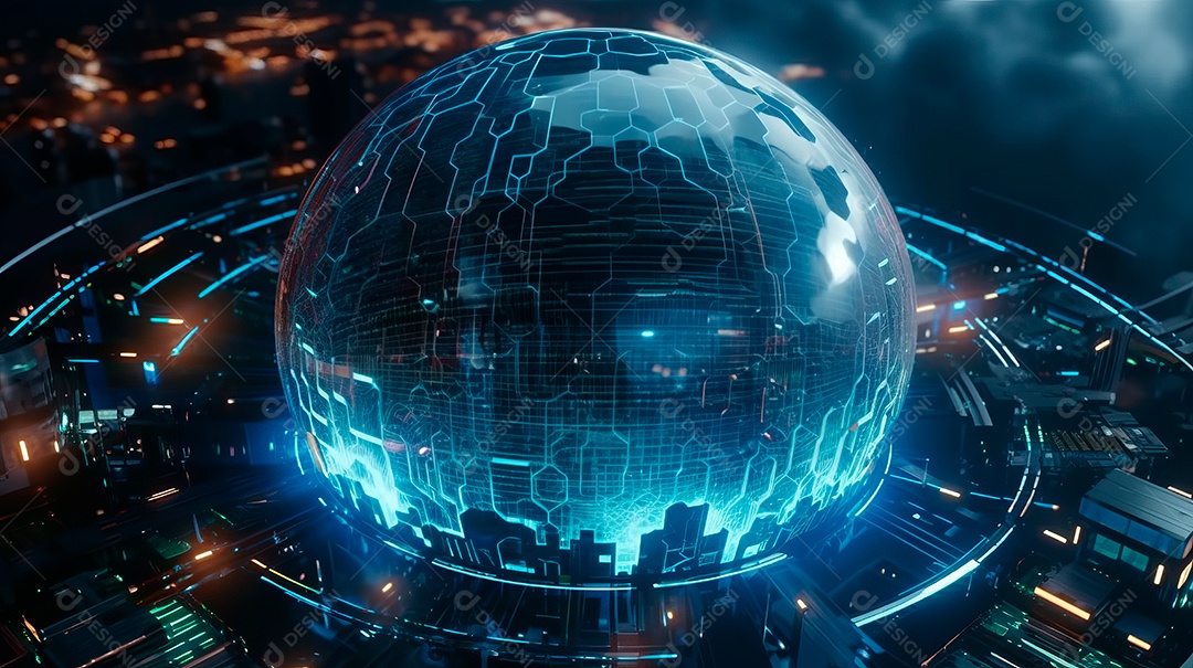 Planeta terra futurista com iluminação tecnologia avançada.