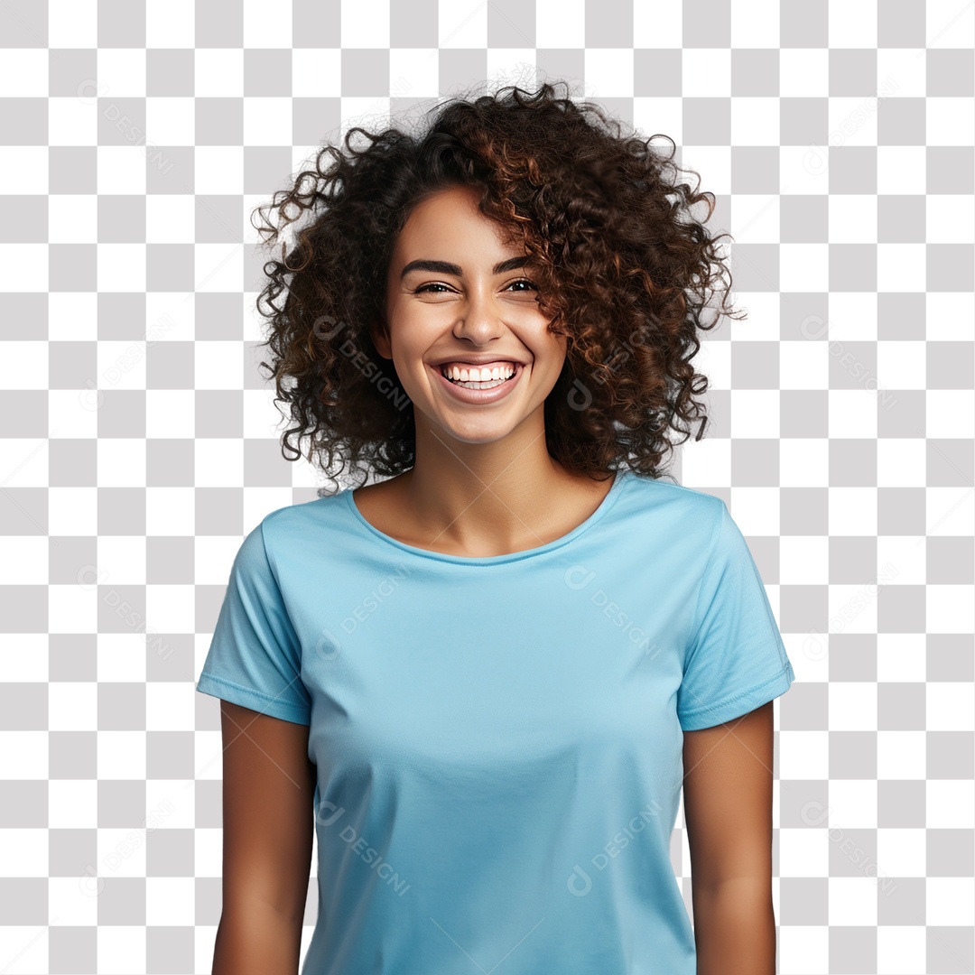 Mulher Morena de Cabelo Cacheado e Blusa Azul Sorrindo Fundo PNG Transparente