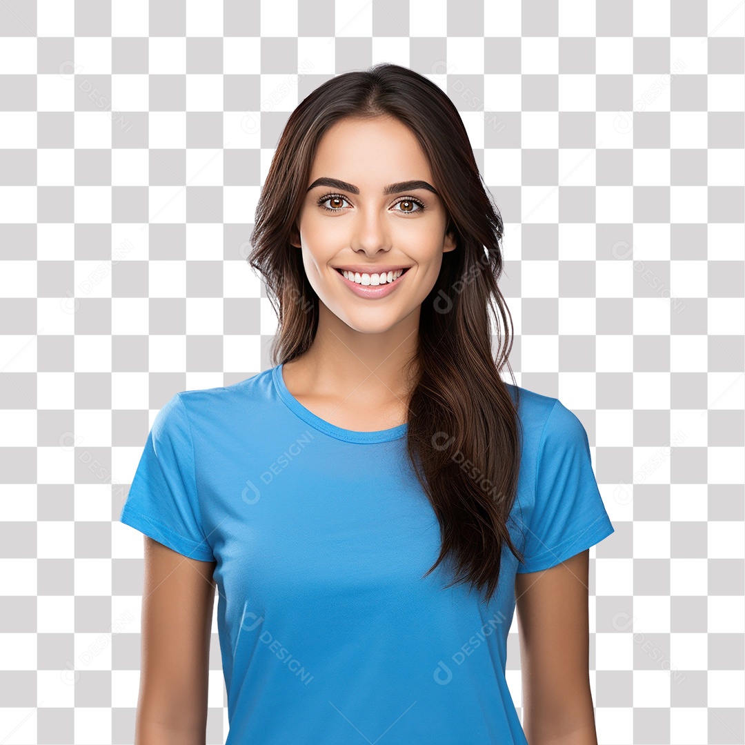 Mulher Morena de Blusa Azul Sorrindo Fundo PNG Transparente