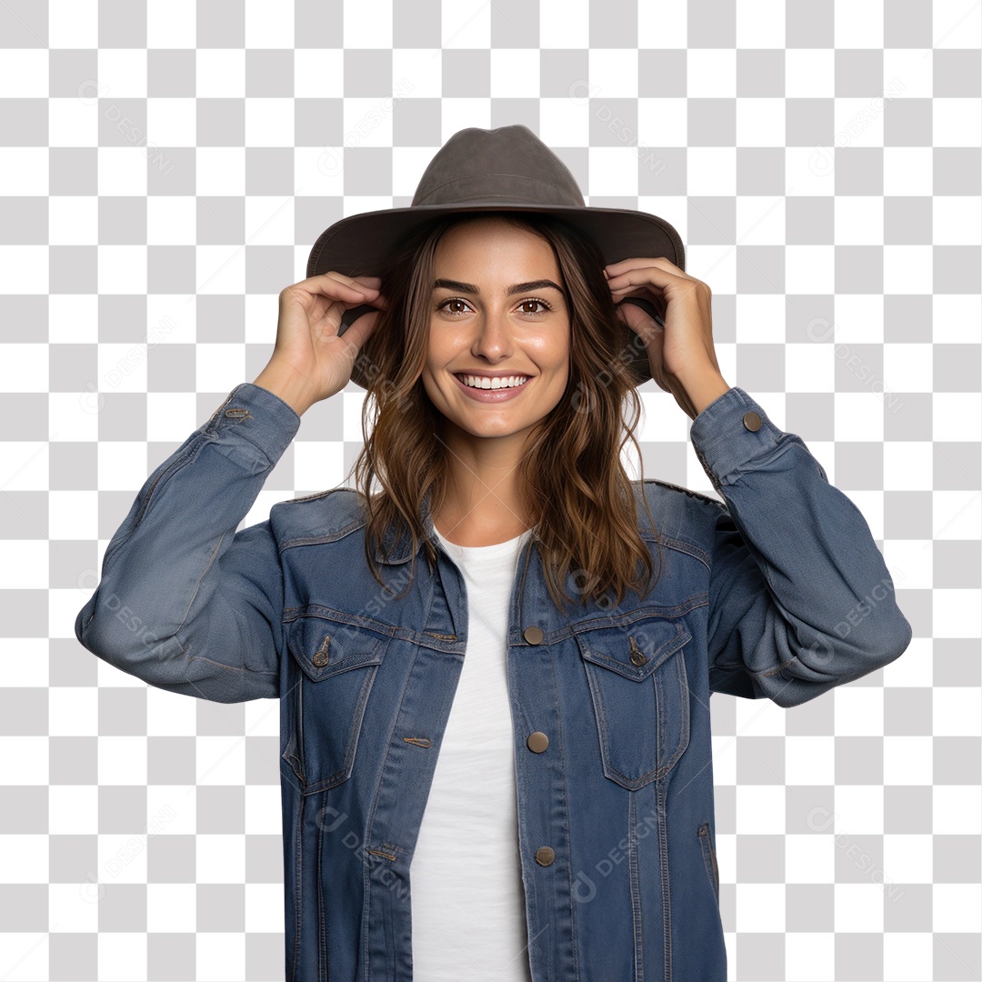 Mulher com Chapéu Elegante e Roupa Jeans Sorrindo Fundo PNG Transparente