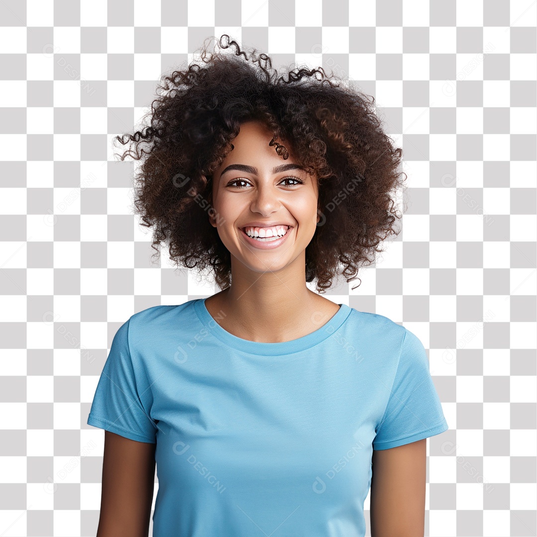 Mulher Morena de Cabelo Cacheado e Blusa Azul Sorrindo Fundo PNG Transparente