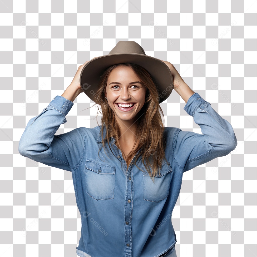 Mulher com Chapéu Elegante e Camisa Social Jeans Sorrindo Fundo PNG Transparente